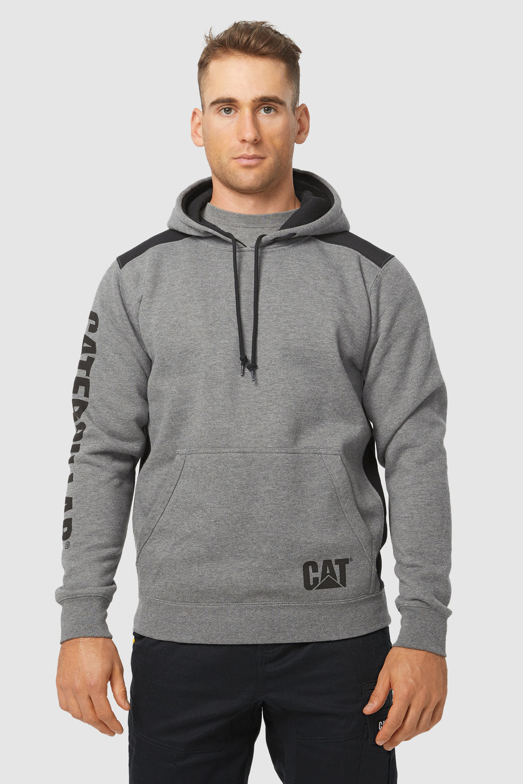 Caterpillar Logo Panel Hooded Sweatshirt Jumper Hoodie Warm Winter - Dark Heather Grey-3