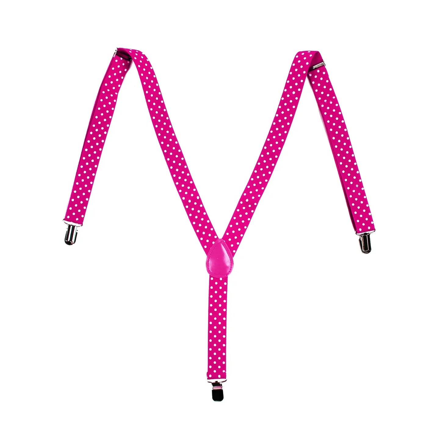 Mens Suspenders Braces Adjustable Strong Clip On Elastic Formal Wedding Slim - Pink with White Polka Dot
