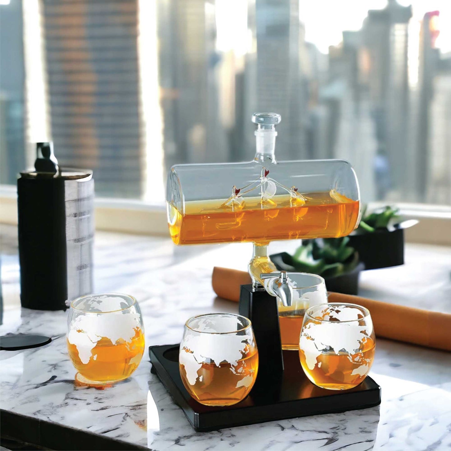 1L Whiskey or Wine Sailboat Glass Decanter Set - 4x Globe Glasses + Wooden Stand-1