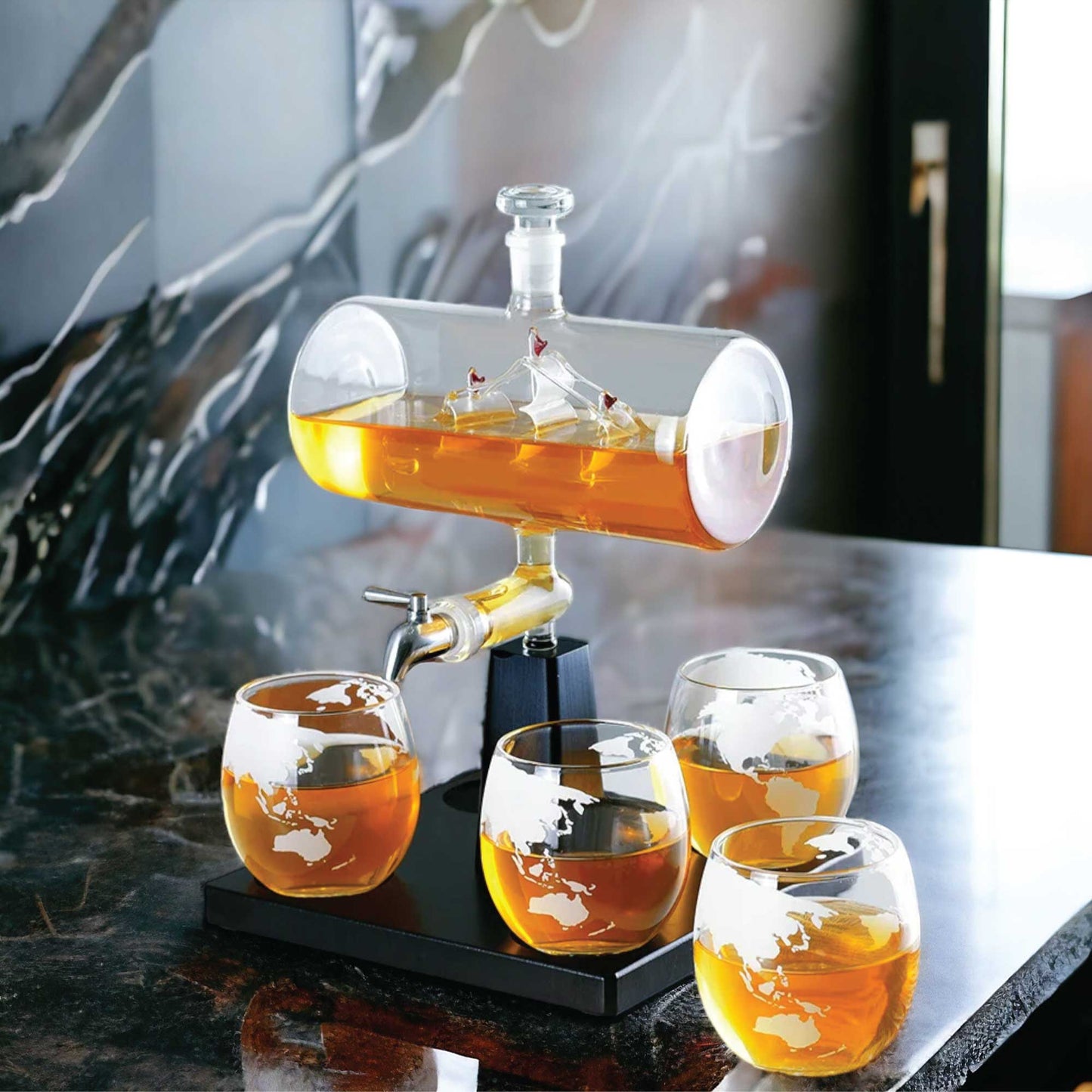 1L Whiskey or Wine Sailboat Glass Decanter Set - 4x Globe Glasses + Wooden Stand-2