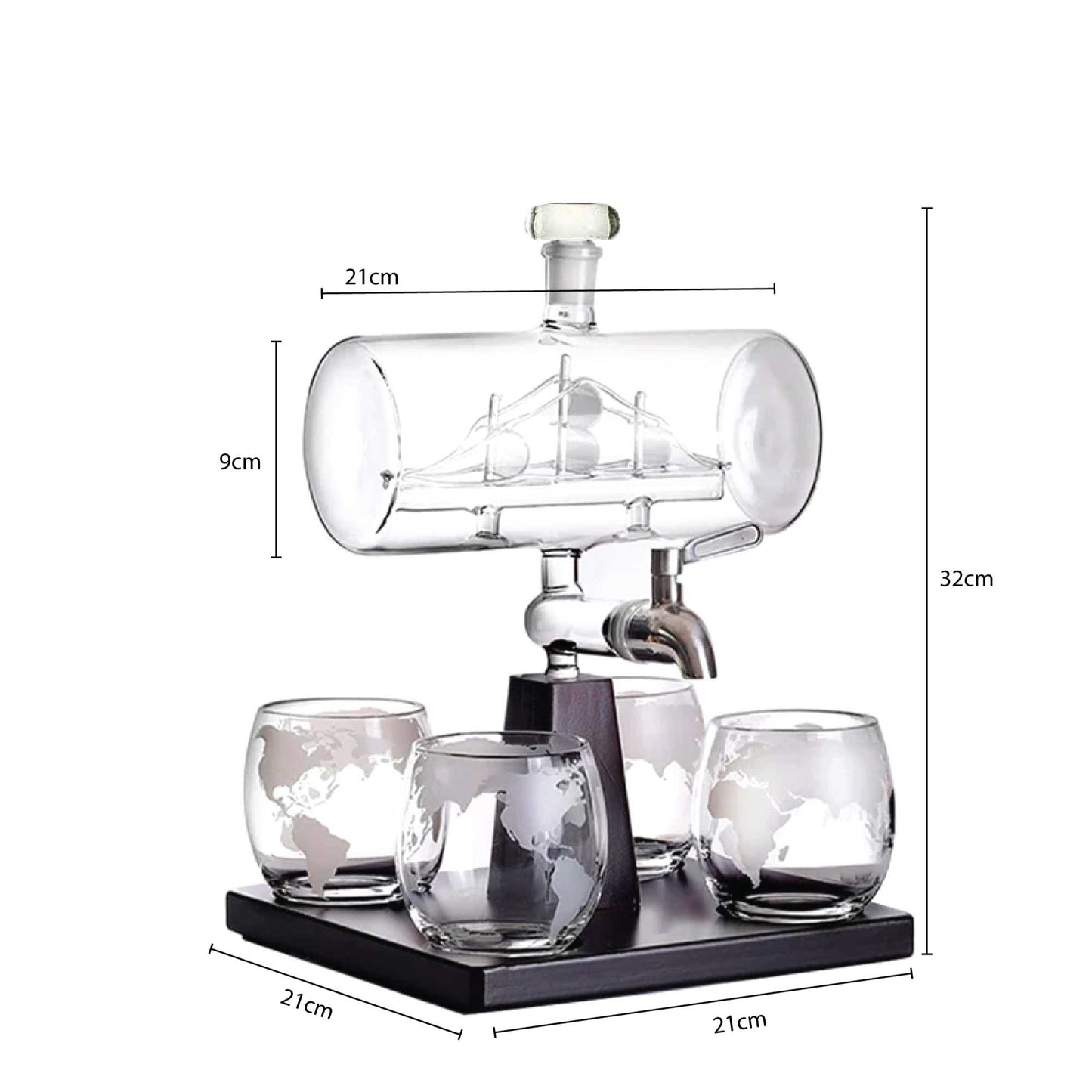 1L Whiskey or Wine Sailboat Glass Decanter Set - 4x Globe Glasses + Wooden Stand-3