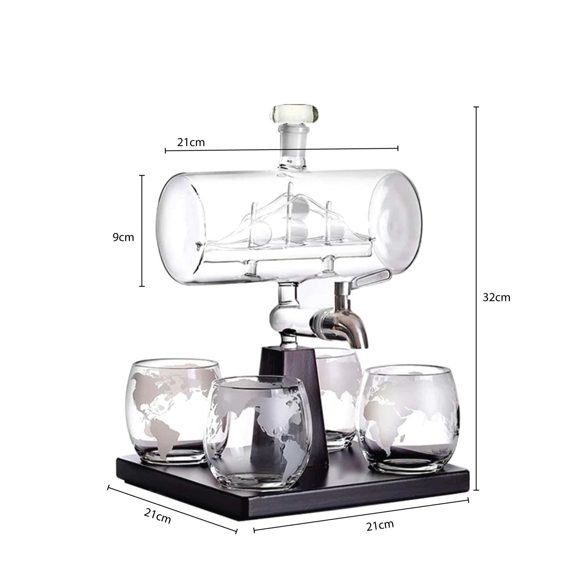 1L Whiskey or Wine Sailboat Glass Decanter Set - 4x Globe Glasses + Wooden Stand-3