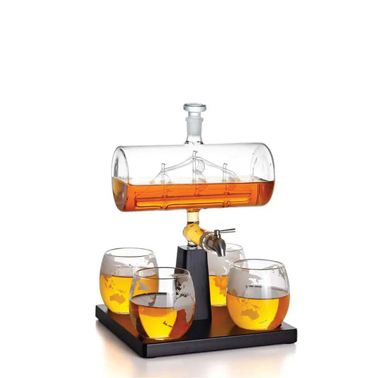 1L Whiskey or Wine Sailboat Glass Decanter Set - 4x Globe Glasses + Wooden Stand-0
