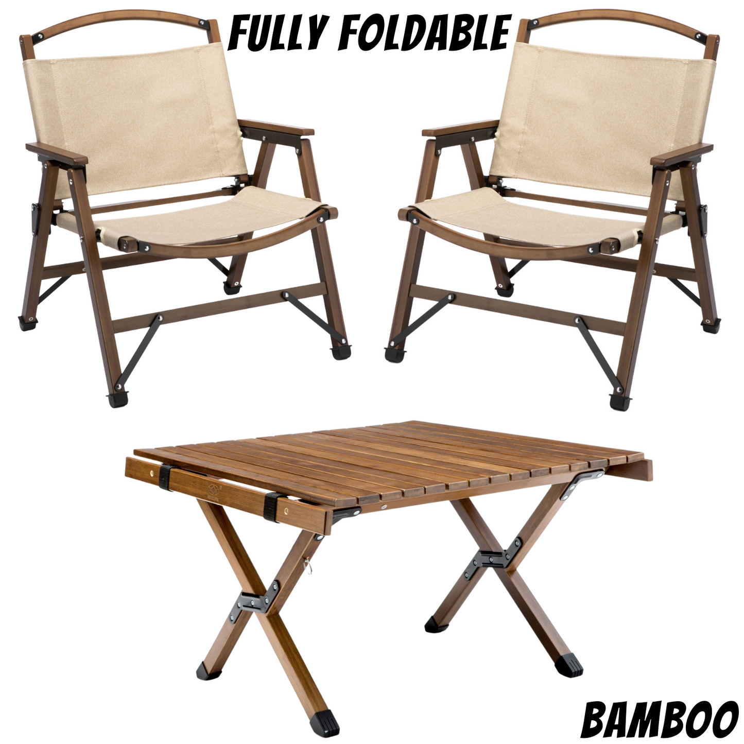 Bamboo Foldable Camping Table + 2 Chairs Waterproof Wood Wooden Travel Set Kit-1