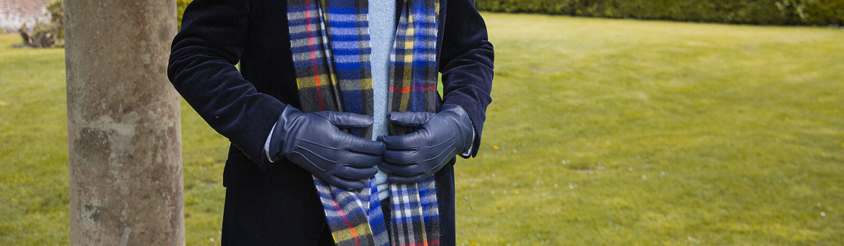 Dents Heritage Bold Check Cashmere Scarf with Tassels and Gift Box in Night Sky