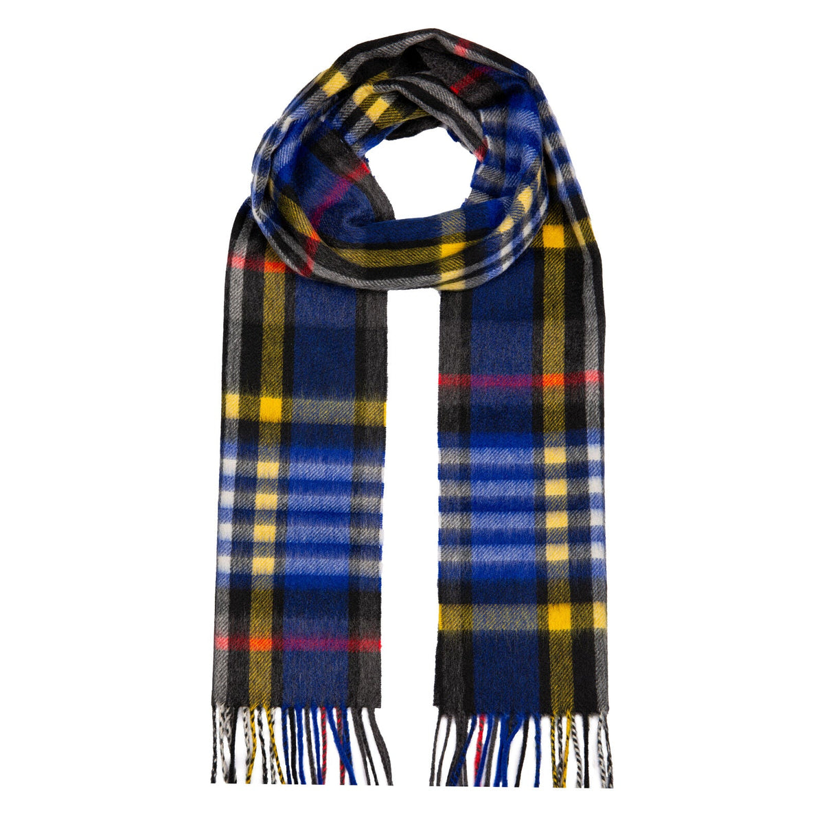 Dents Heritage Bold Check Cashmere Scarf with Tassels and Gift Box in Night Sky