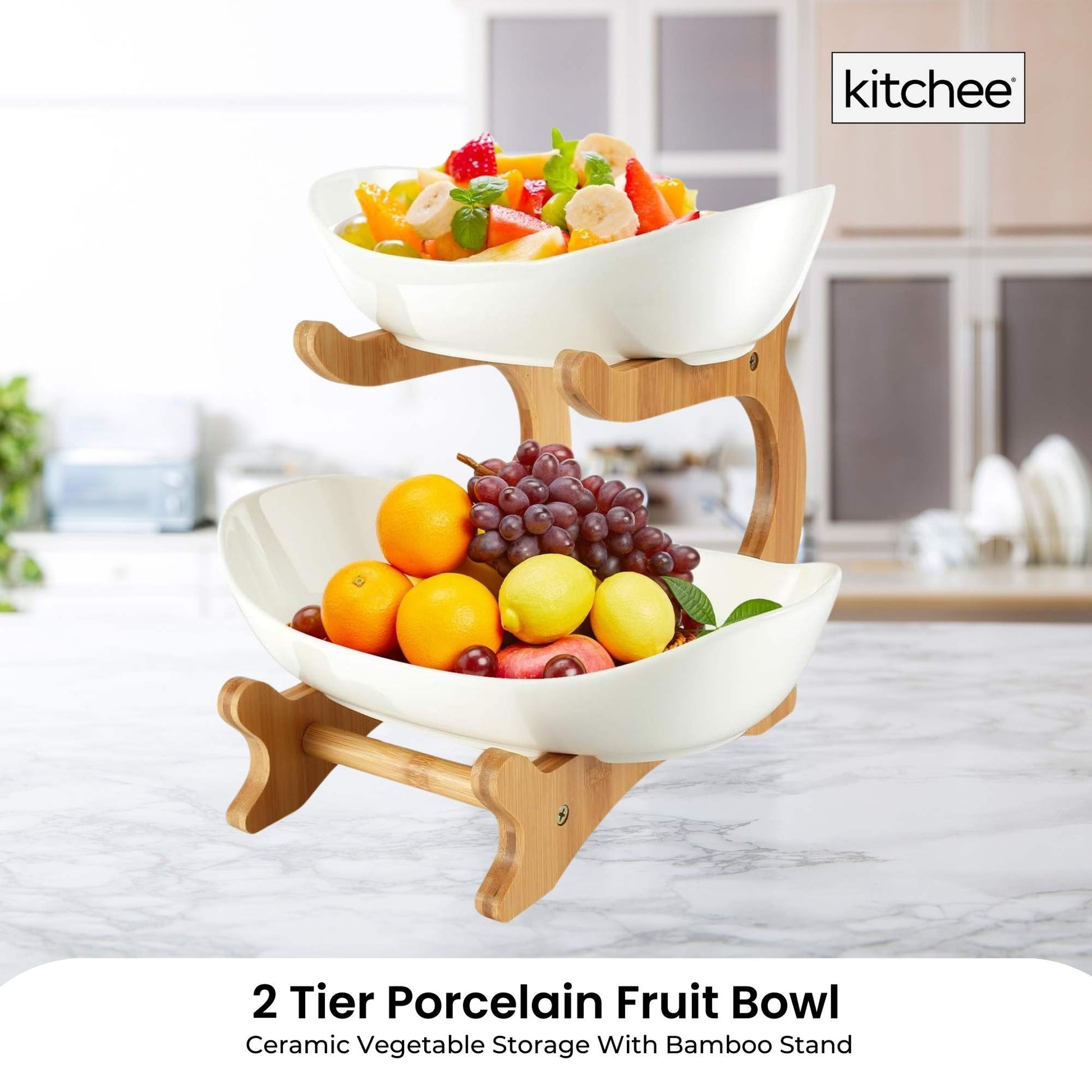 2 Tier Porcelain Fruit Bowl - Ceramic Vegetable Storage With Bamboo Stand-1