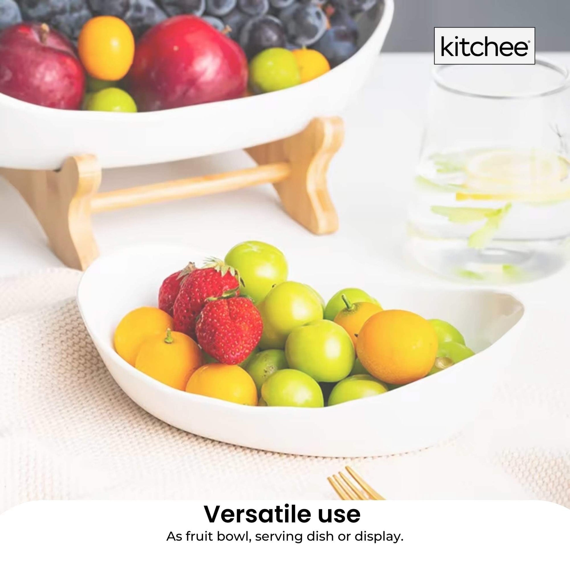 2 Tier Porcelain Fruit Bowl - Ceramic Vegetable Storage With Bamboo Stand-2