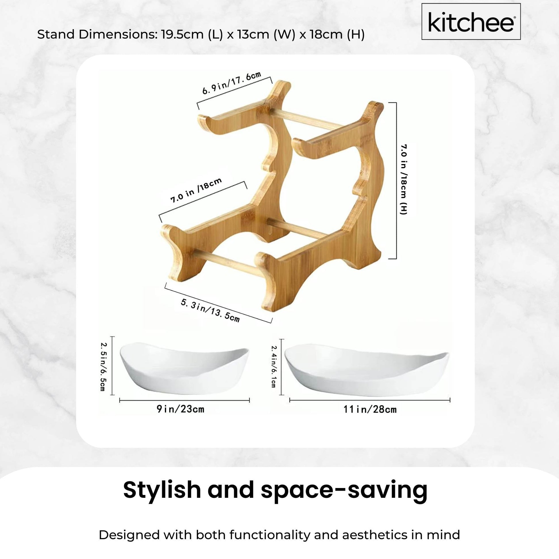 2 Tier Porcelain Fruit Bowl - Ceramic Vegetable Storage With Bamboo Stand-3