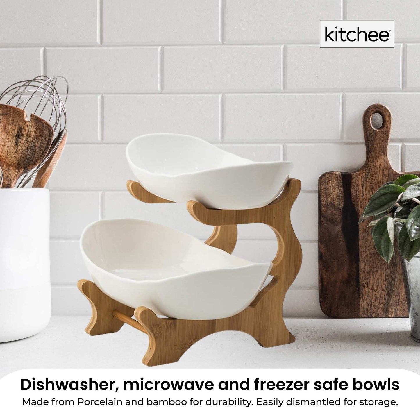 2 Tier Porcelain Fruit Bowl - Ceramic Vegetable Storage With Bamboo Stand-4