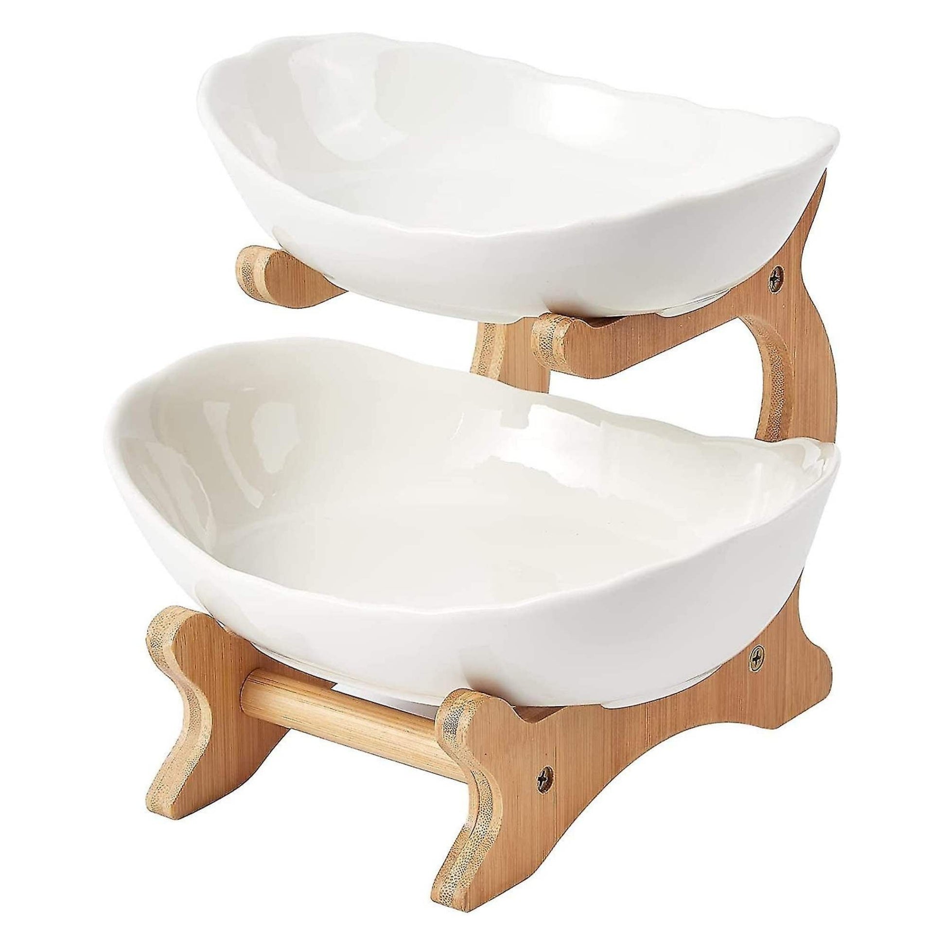 2 Tier Porcelain Fruit Bowl - Ceramic Vegetable Storage With Bamboo Stand-0