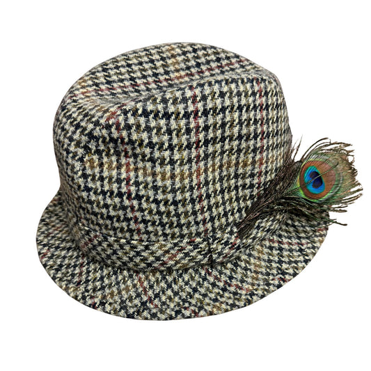 100% Wool Tweed Downbeat Brim Hat with Peacock Feather Trilby 56cm-0