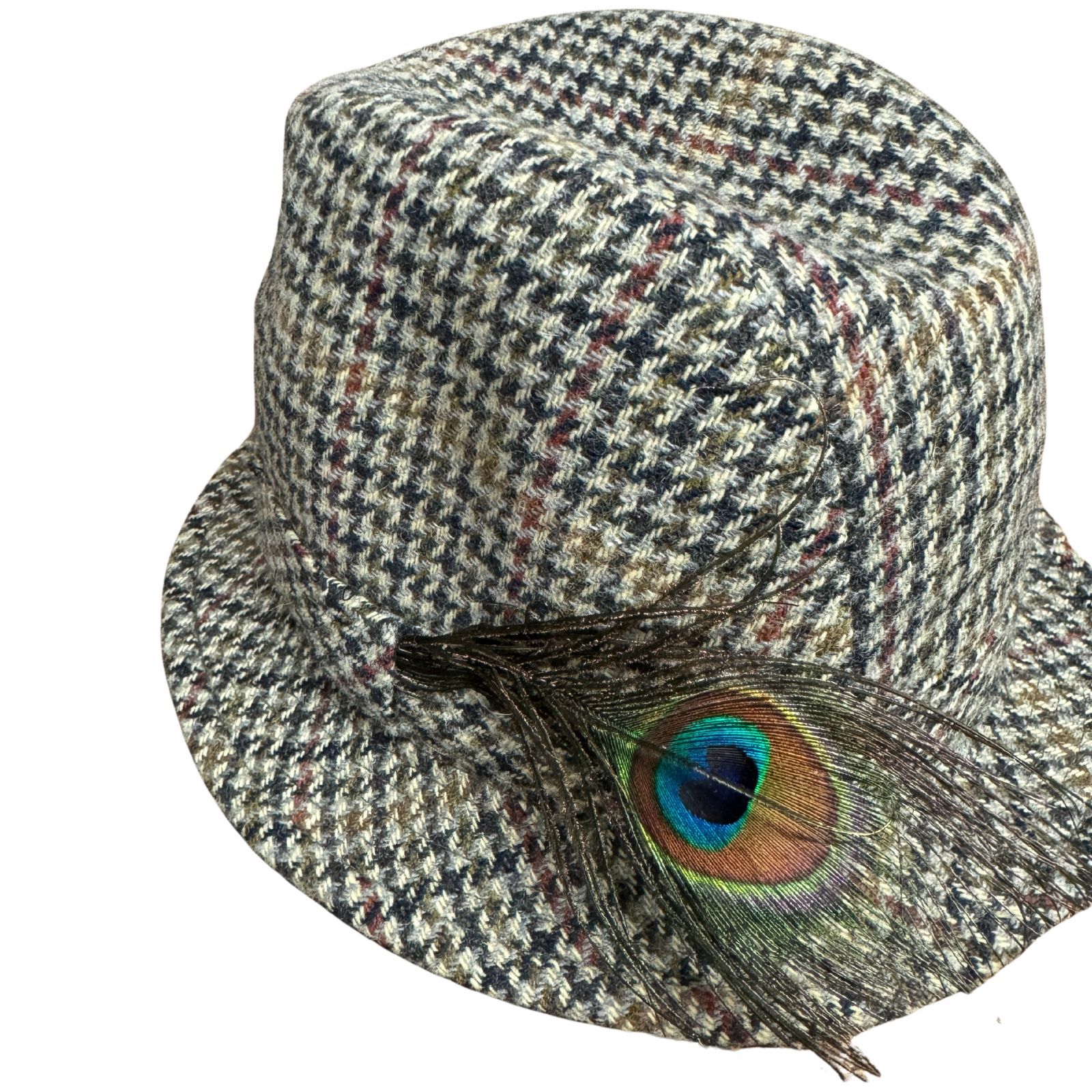 100% Wool Tweed Downbeat Brim Hat with Peacock Feather Trilby 56cm-4