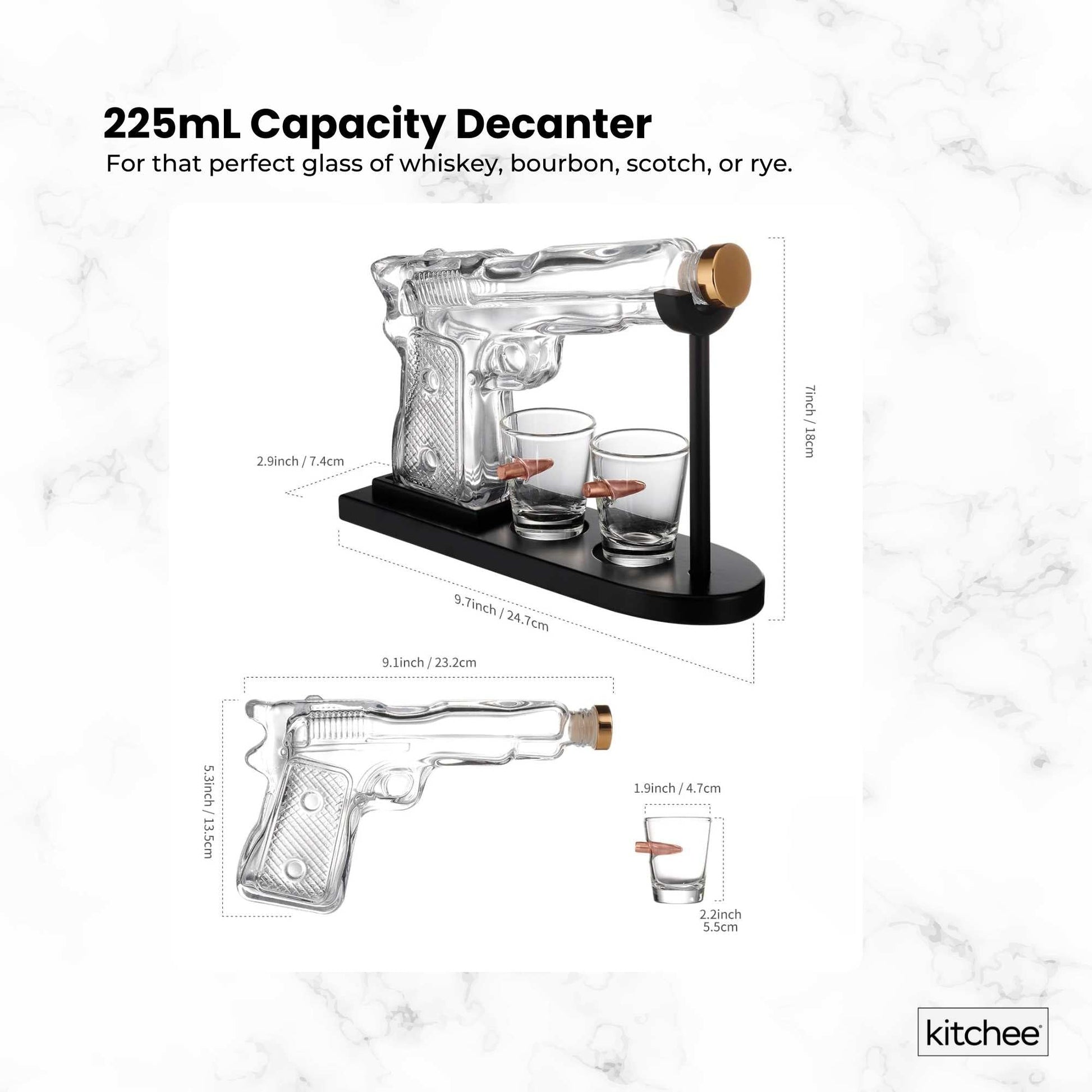 225mL Whisky or Wine Decanter Glass Pistol Set - 2 Shot Glasses + Wooden Stand-3