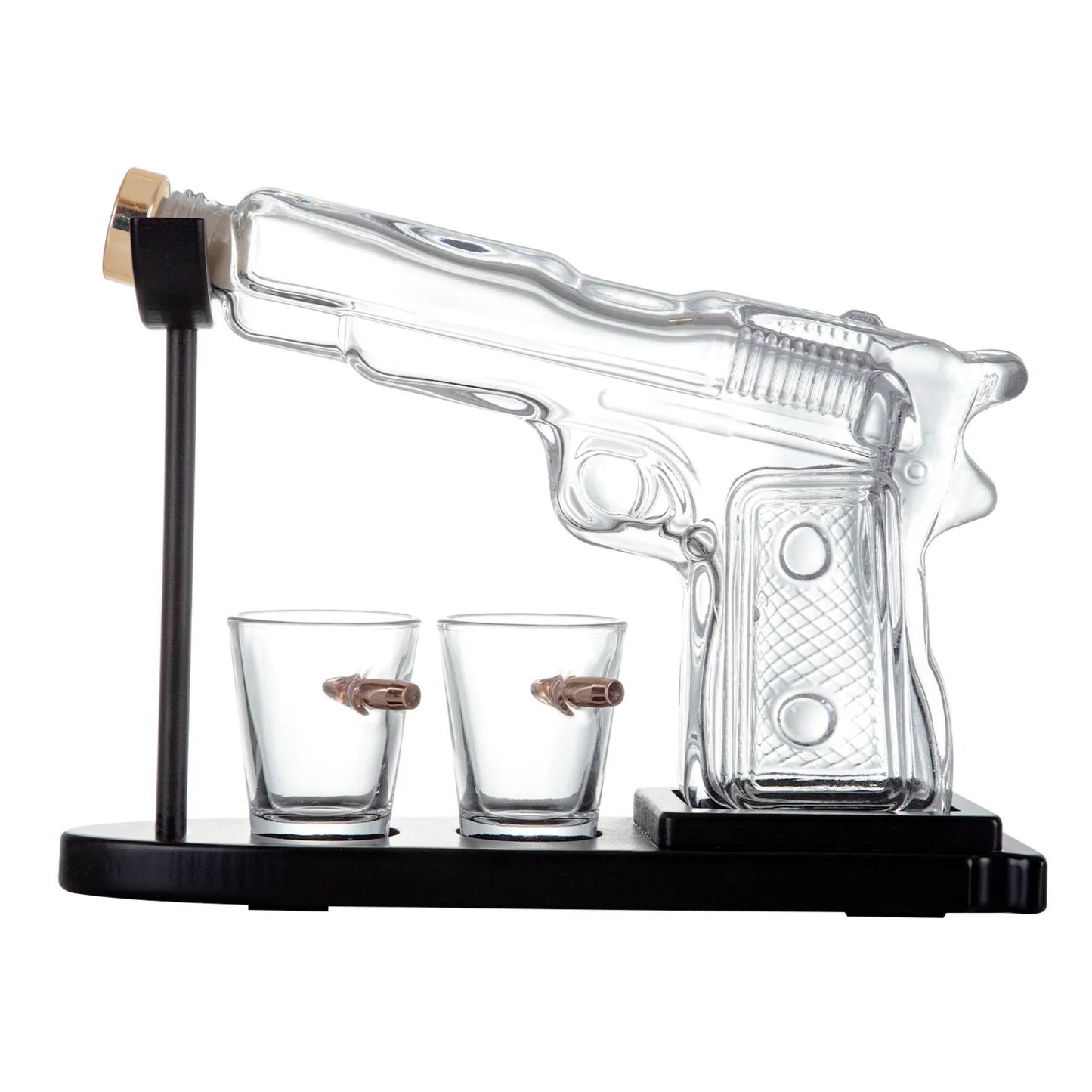 225mL Whisky or Wine Decanter Glass Pistol Set - 2 Shot Glasses + Wooden Stand-0