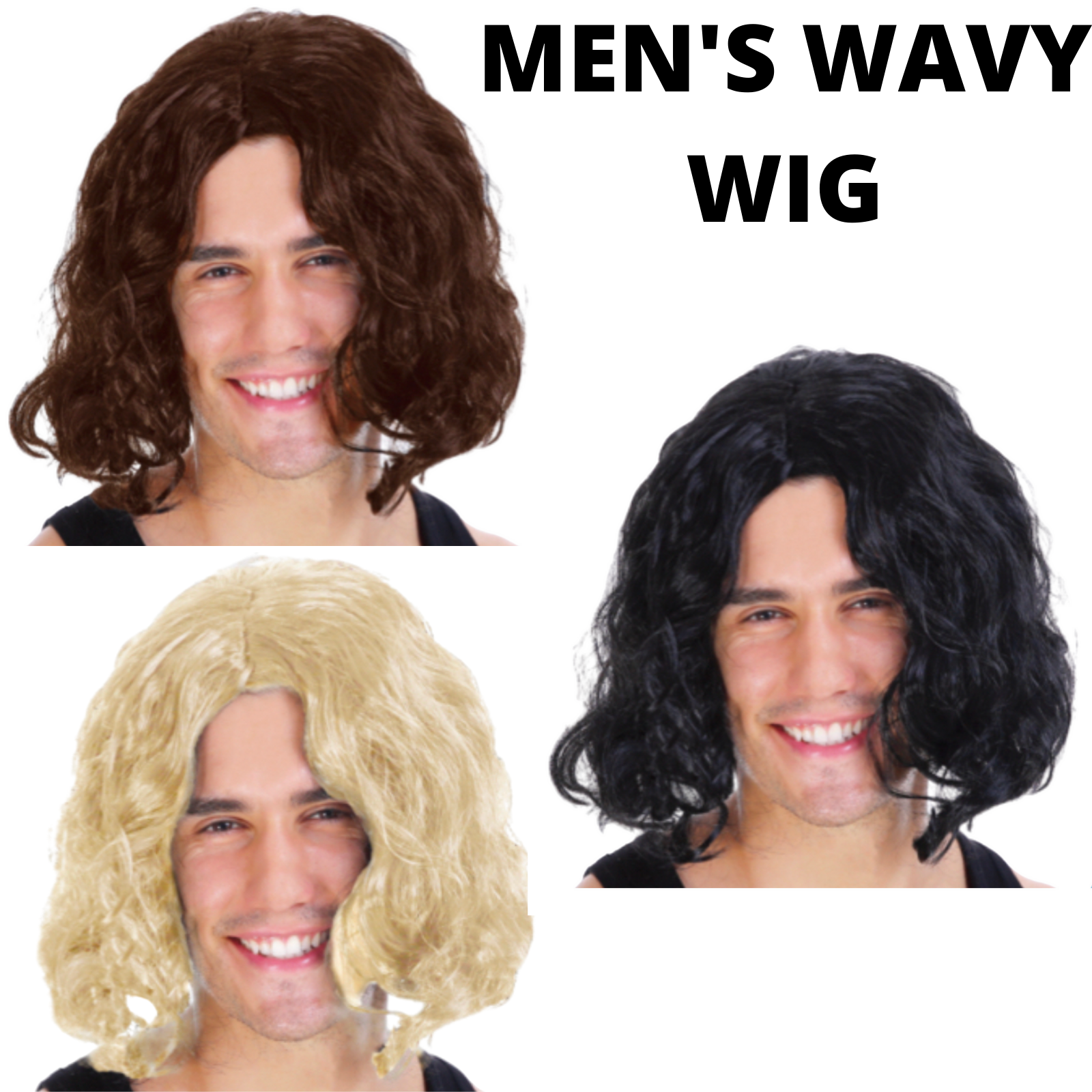 MENS WAVY WIG Curly Long Hair Disco Punk Rock Party Costume 60s 70s - Blonde-1