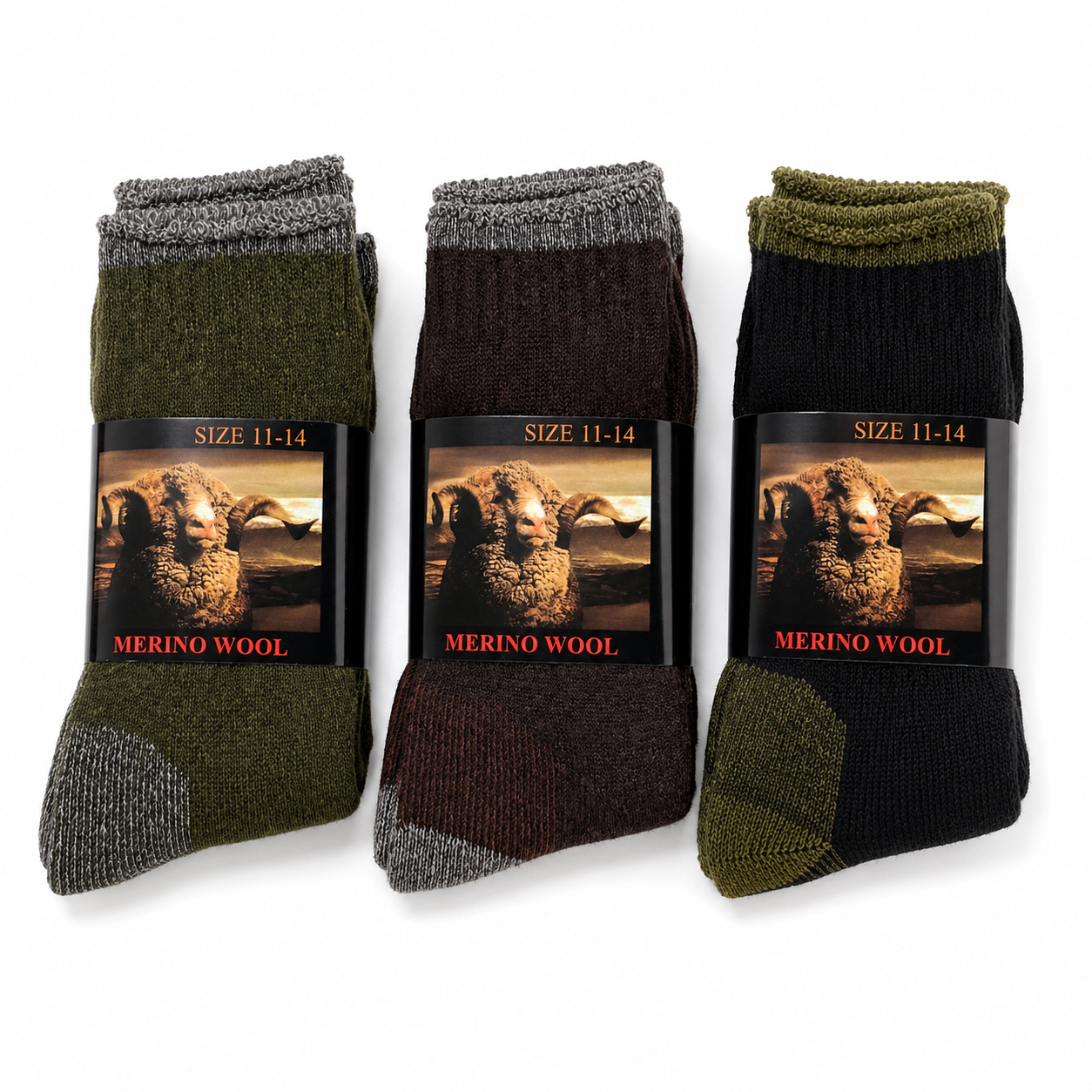 3 Pairs Heavy Duty Merino Wool Work Crew Socks Extra Thick Cushion (Size 11-14) - Assorted Dark Colours