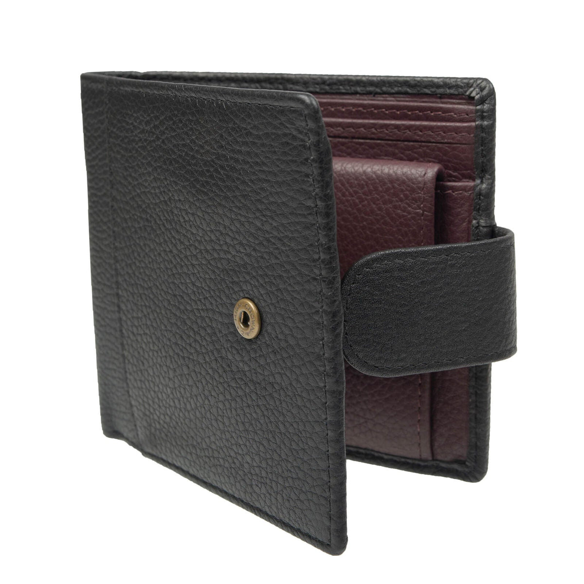 Dents Mens Pebble Grain Leather Bifold Wallet with RFID Blocking and Coin Purse in Black/Bordeaux