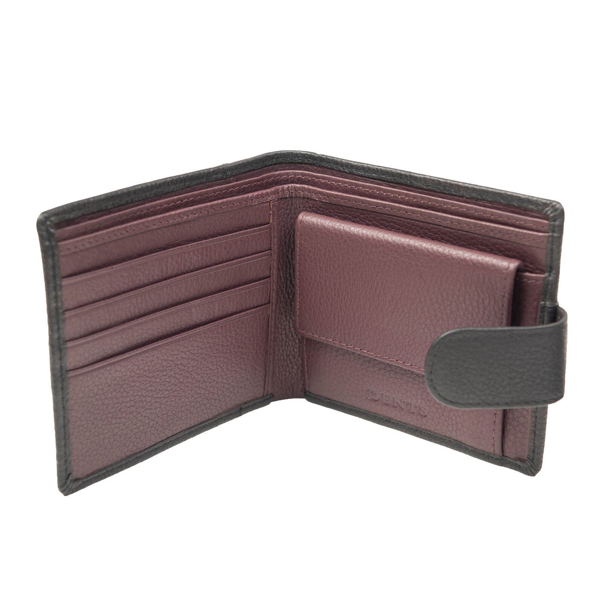 Dents Mens Pebble Grain Leather Bifold Wallet with RFID Blocking and Coin Purse in Black/Bordeaux
