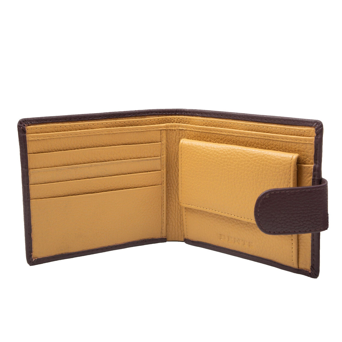 Dents Mens Pebble Grain Leather Bifold Wallet with RFID Blocking and Coin Purse in Bordeaux/Light Tan