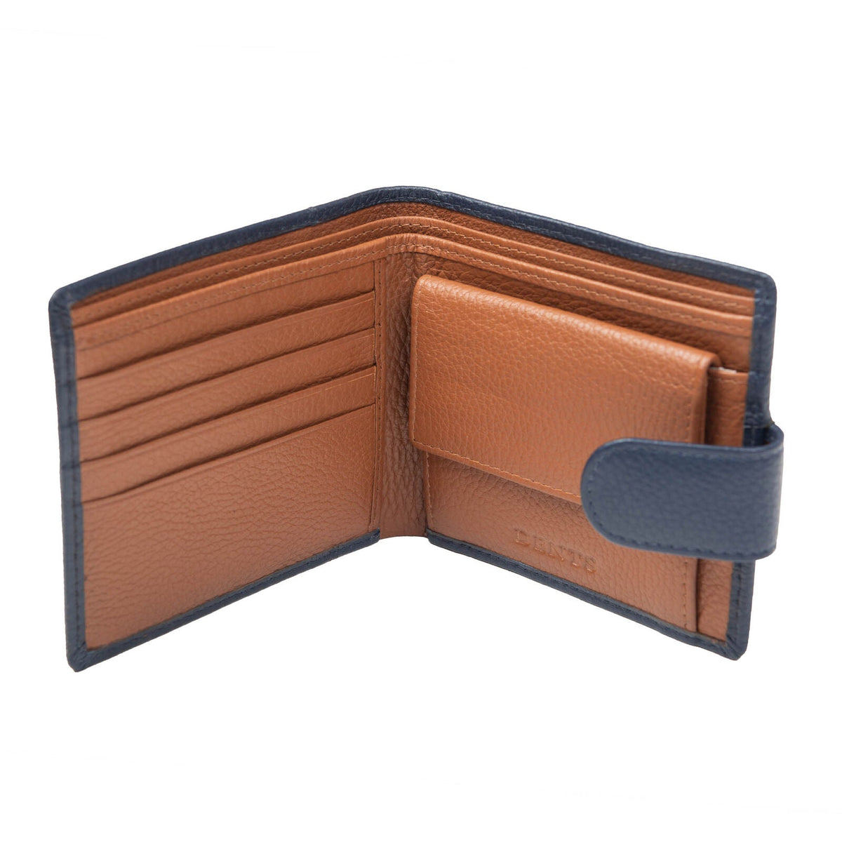 Dents Mens Pebble Grain Leather Bifold Wallet with RFID Blocking and Coin Purse in Navy/Cognac