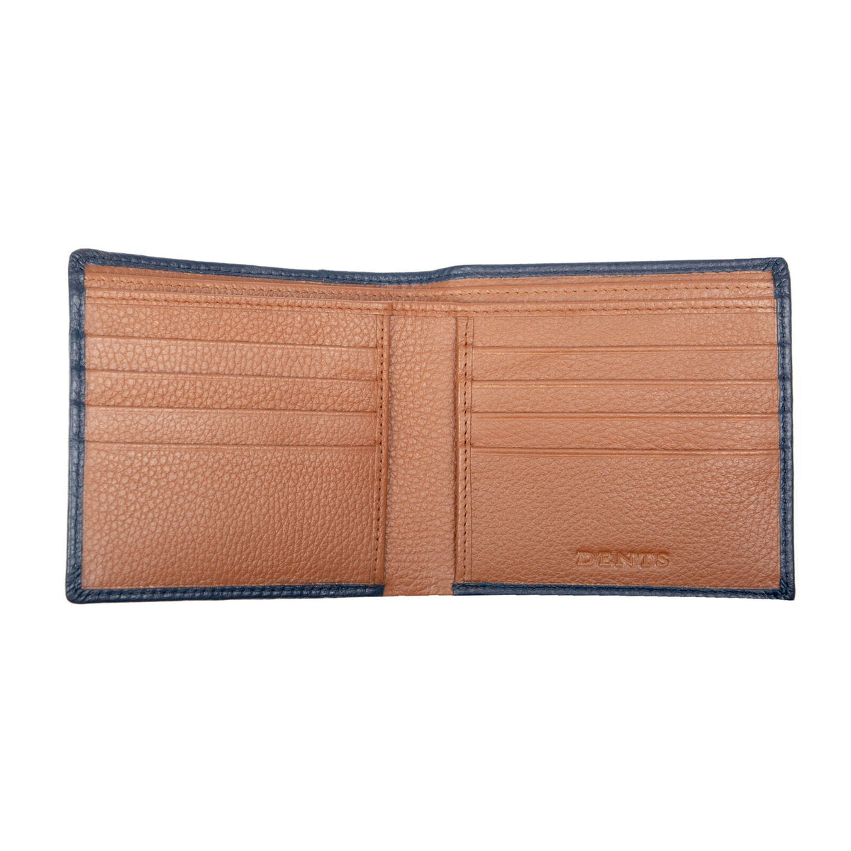 Dents Mens Slim Pebble Grain Leather Bifold Wallet with RFID Blocking in Navy/Cognac