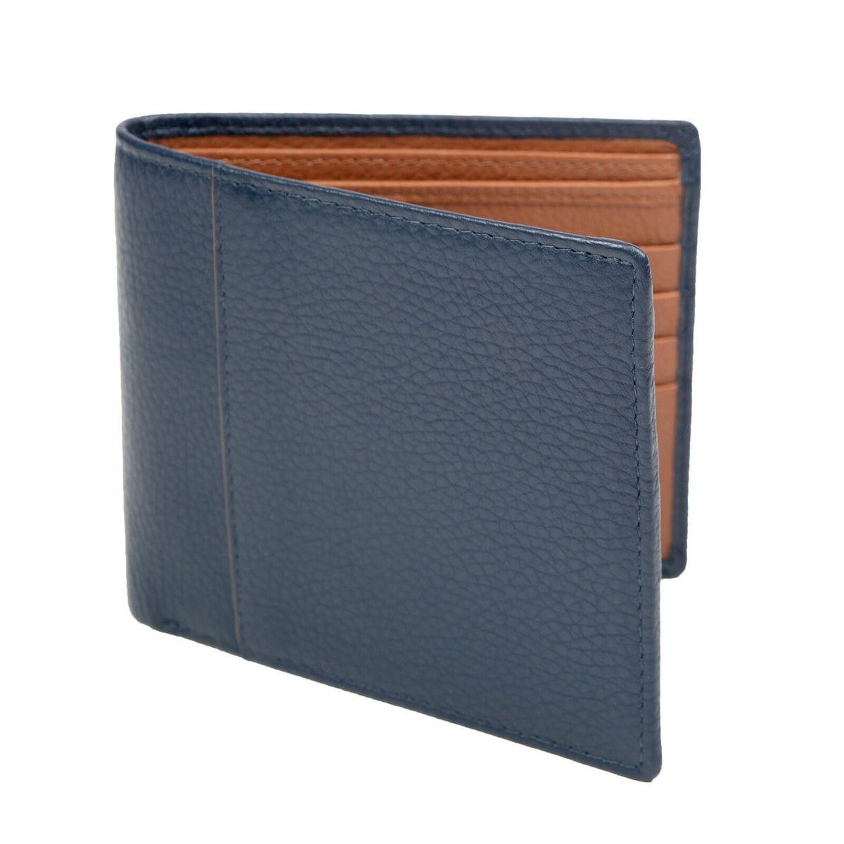 Dents Mens Slim Pebble Grain Leather Bifold Wallet with RFID Blocking in Navy/Cognac
