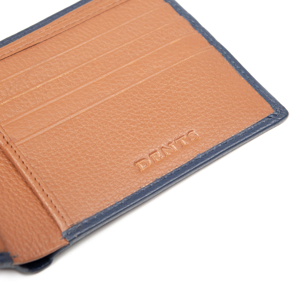 Dents Mens Slim Pebble Grain Leather Bifold Wallet with RFID Blocking in Navy/Cognac