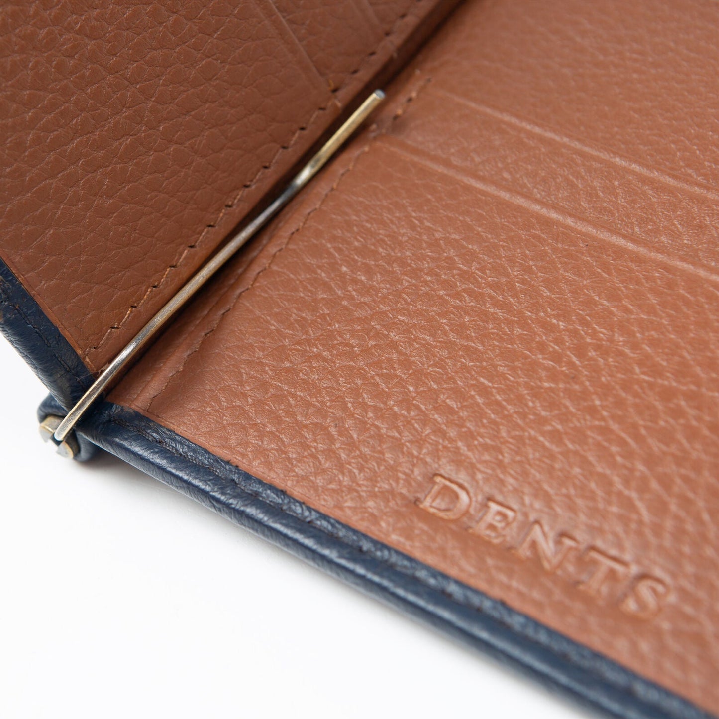 Dents Mens Pebble Grain Leather Bifold Wallet with Money Clip and RFID Blocking in Navy/Cognac