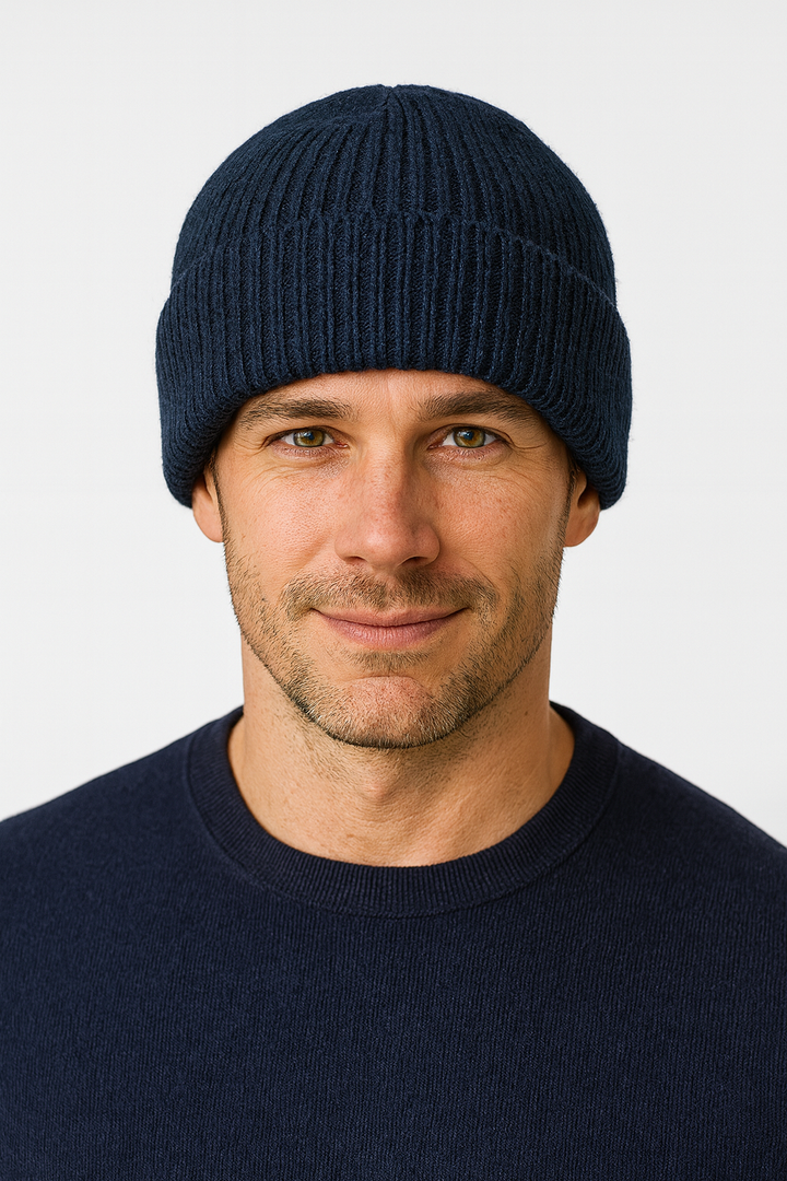 Mens Shetland Ragg Wool Beanie Hat Fishermans Rib Winter Knit Ski Pull On  - Navy