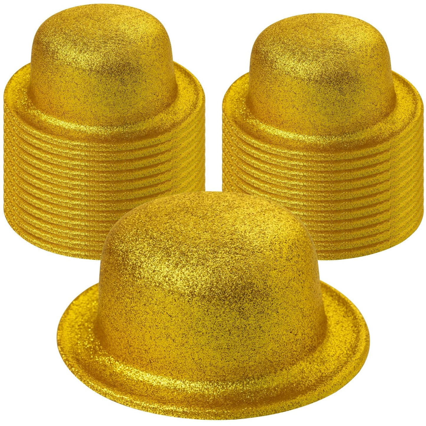 24x GLITTER BOWLER HAT Fancy Party Plastic Costume Cap Fun Dress Up Sparkle BULK - Yellow/Gold