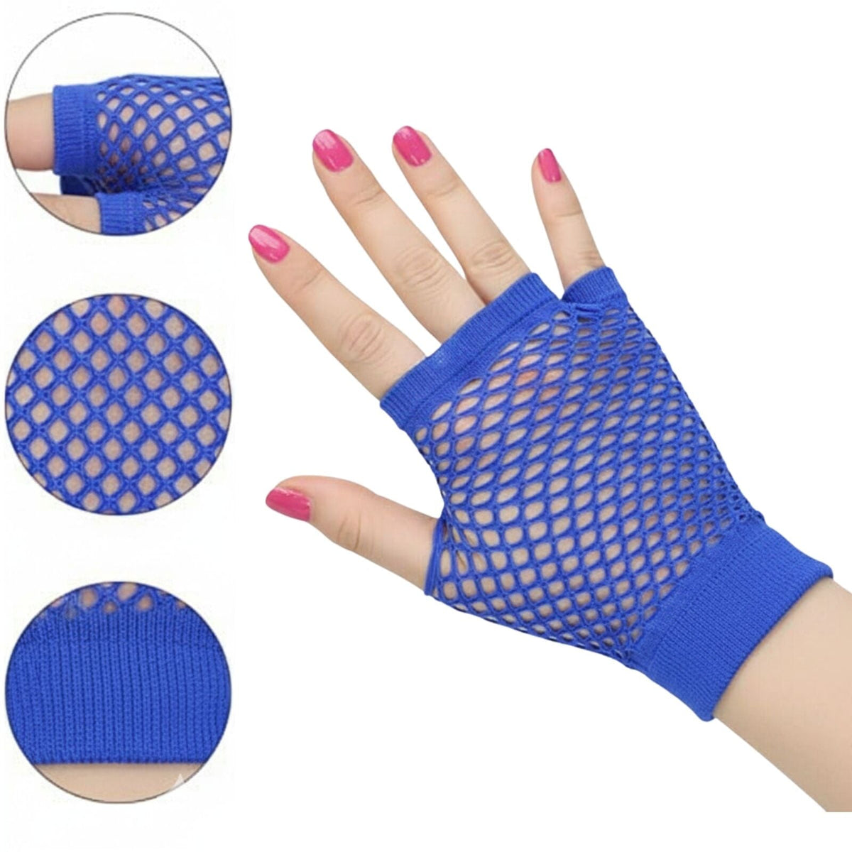 24 Pair Fishnet Gloves Fingerless Wrist Length 70s 80s Costume Party Bulk - Blue