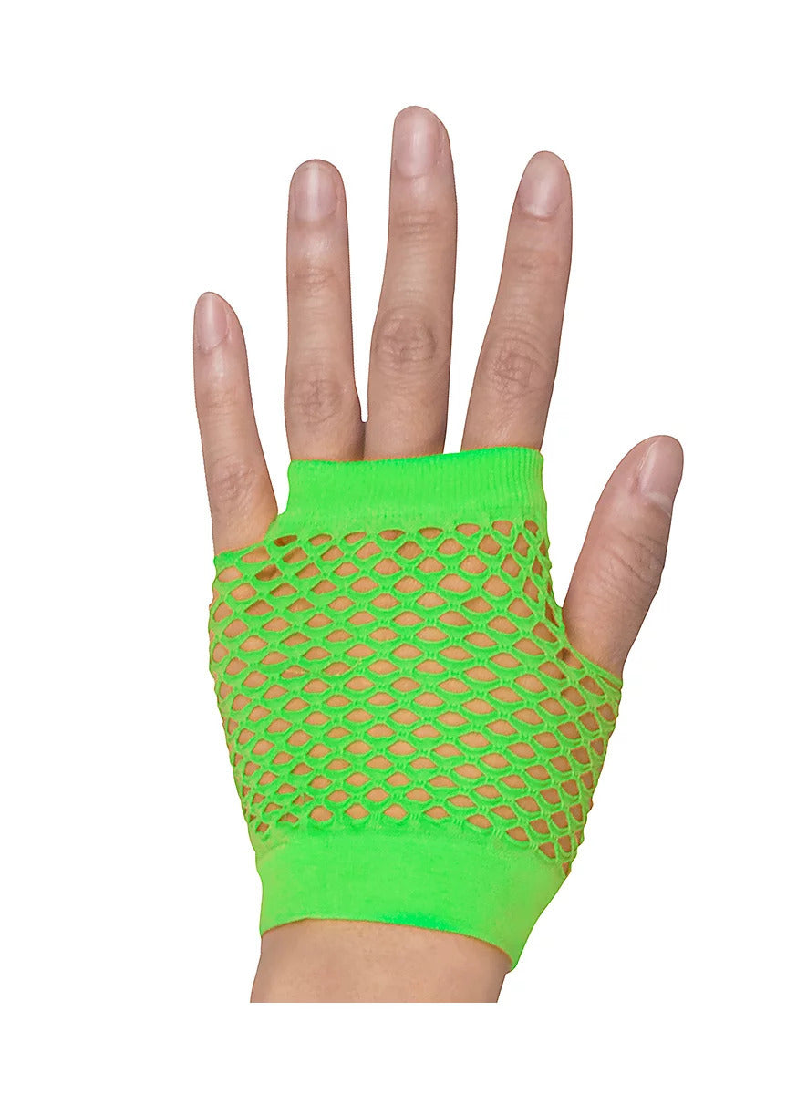 24 Pair Fishnet Gloves Fingerless Wrist Length 70s 80s Costume Party Fluro Green-2
