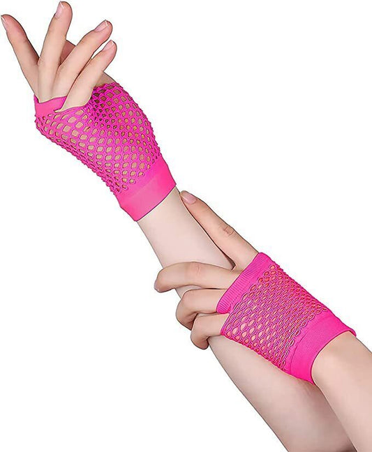 24 Pair Fishnet Gloves Fingerless Wrist Length 70s 80s Costume Party - Hot Pink-0