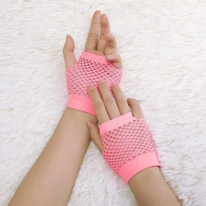 24 Pair Fishnet Gloves Fingerless Wrist Length 70s 80s Costume Party Light Pink-0