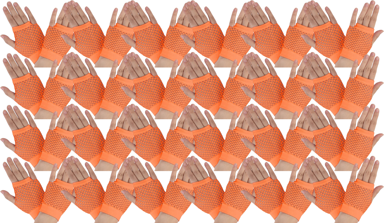 24 Pair Fishnet Gloves Fingerless Wrist Length 70s 80s Costume Party - Orange-0