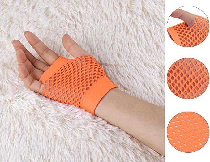 24 Pair Fishnet Gloves Fingerless Wrist Length 70s 80s Costume Party - Orange-4