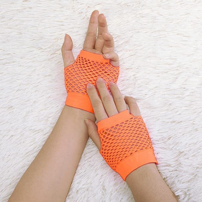 24 Pair Fishnet Gloves Fingerless Wrist Length 70s 80s Costume Party - Orange-2