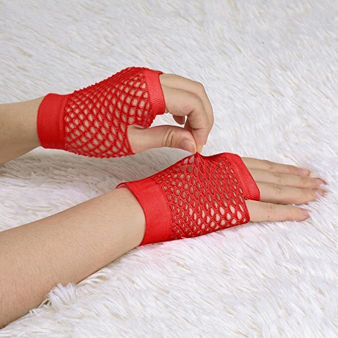 24 Pair Fishnet Gloves Fingerless Wrist Length 70s 80s Costume Party Bulk - Red-3