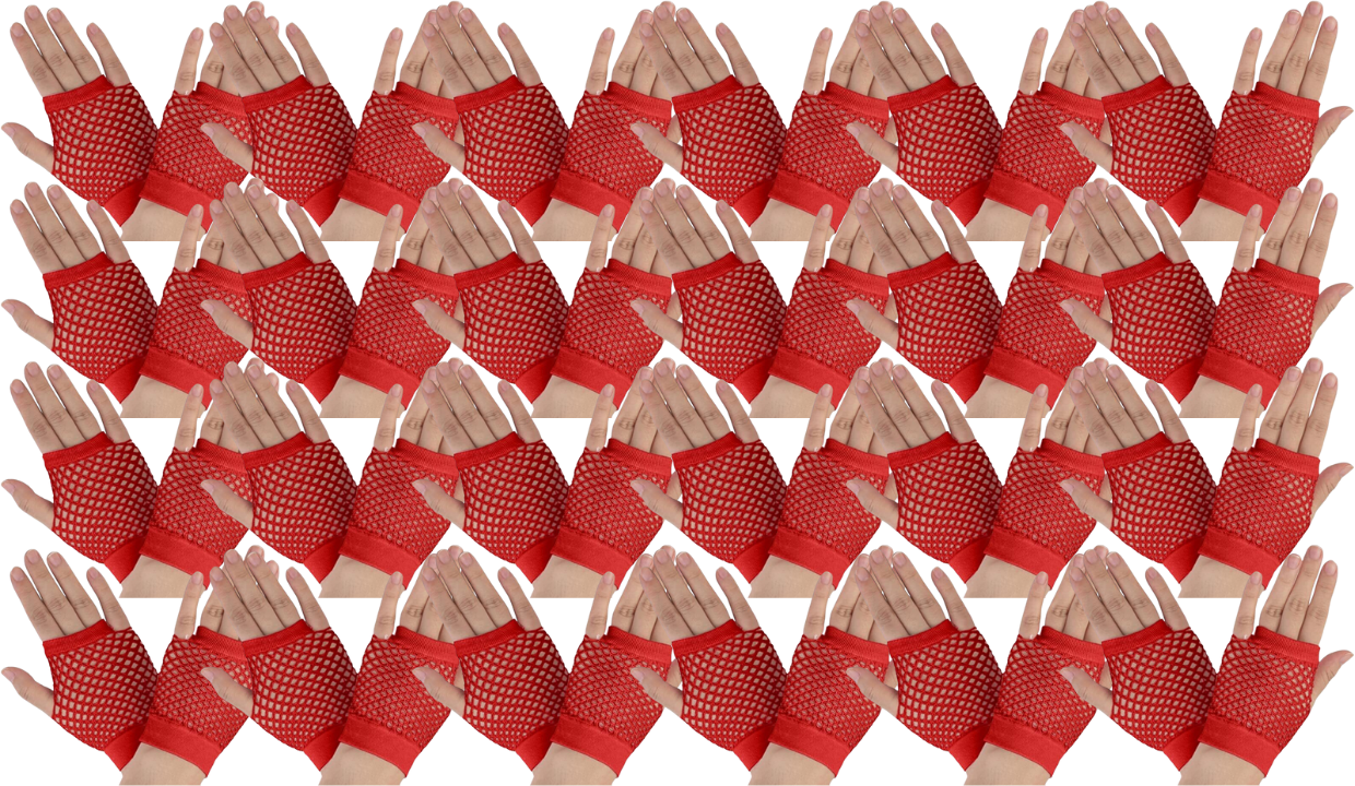 24 Pair Fishnet Gloves Fingerless Wrist Length 70s 80s Costume Party Bulk - Red-0
