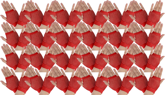 24 Pair Fishnet Gloves Fingerless Wrist Length 70s 80s Costume Party Bulk - Red-0