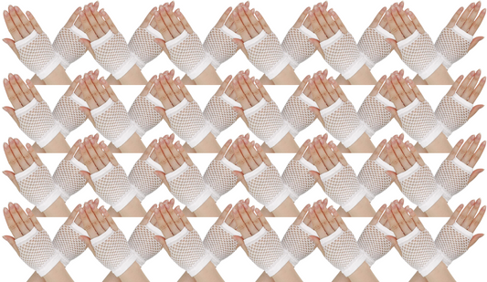 24 Pair Fishnet Gloves Fingerless Wrist Length 70s 80s Costume Party - White-0