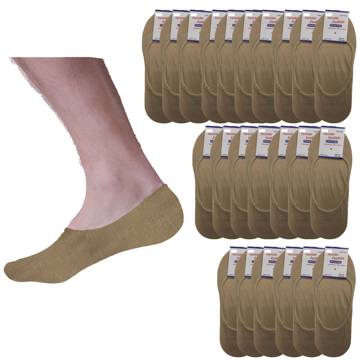 24x NO SHOW COTTON SOCKS Non Slip Heel Grip Low Cut Invisible Footlet Seamless - Beige