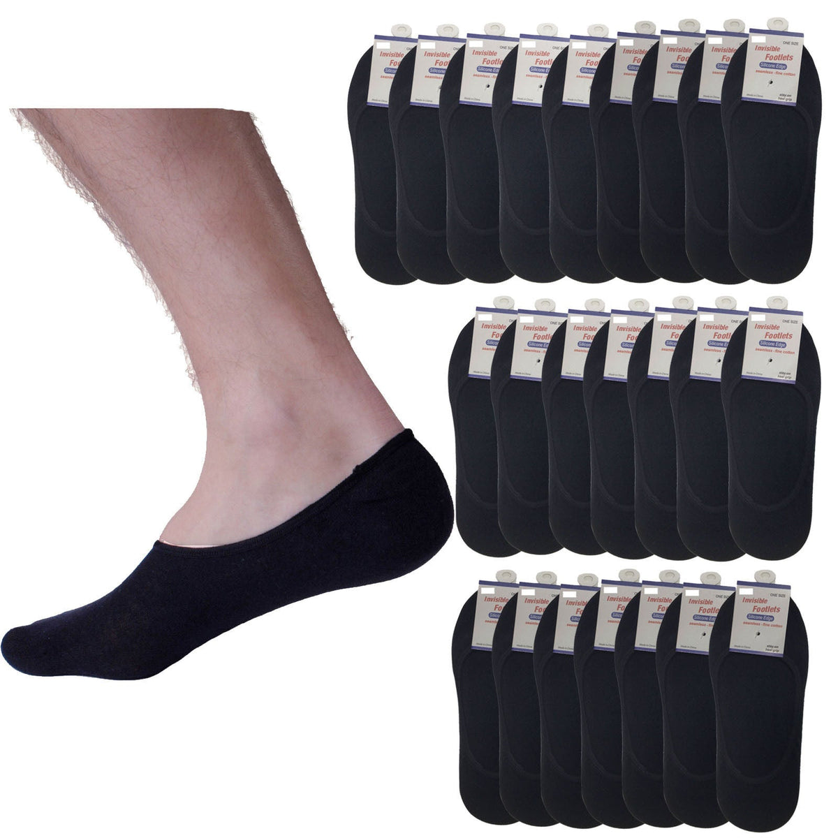24x NO SHOW COTTON SOCKS Non Slip Heel Grip Low Cut Invisible Footlet Seamless - Black