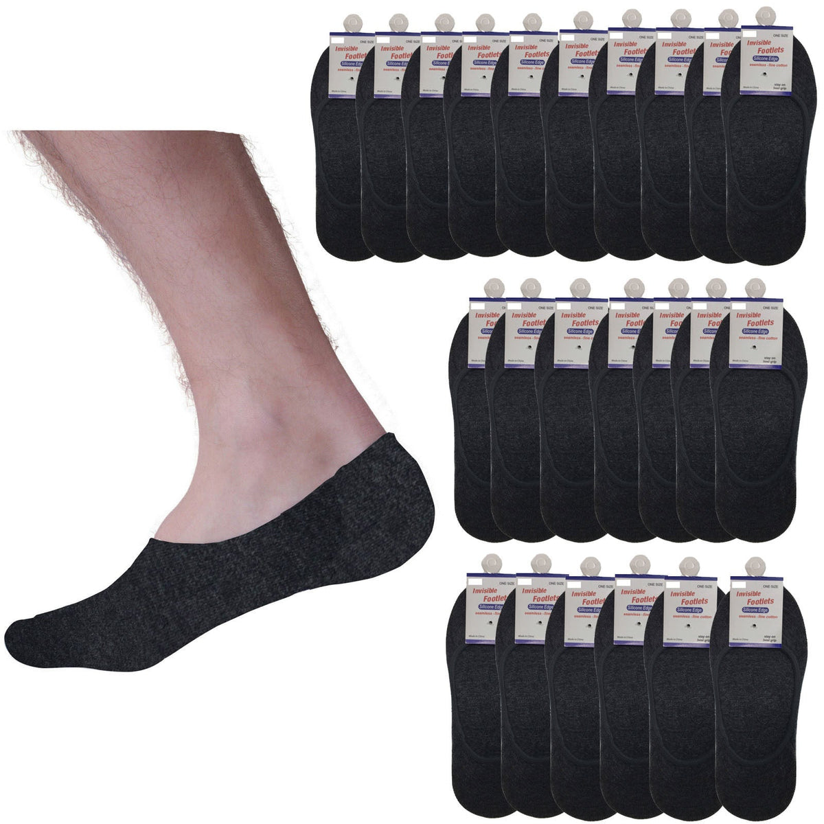 24x NO SHOW COTTON SOCKS Non Slip Heel Grip Low Cut Invisible Footlet Seamless - Charcoal