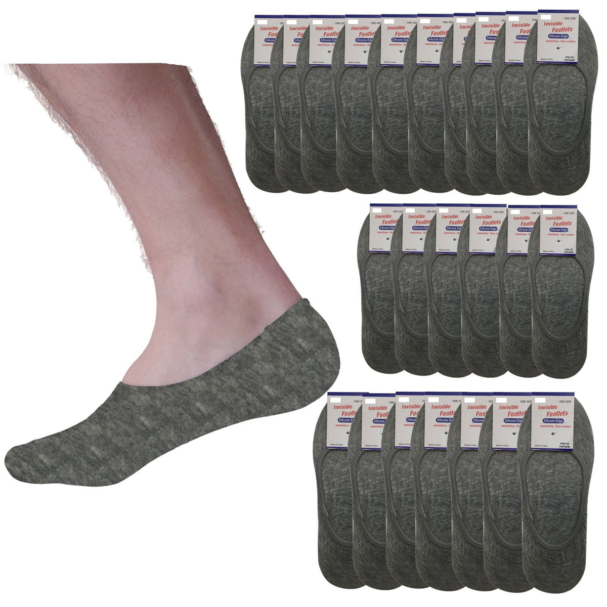 24x NO SHOW COTTON SOCKS Non Slip Heel Grip Low Cut Invisible Footlet Seamless - Grey