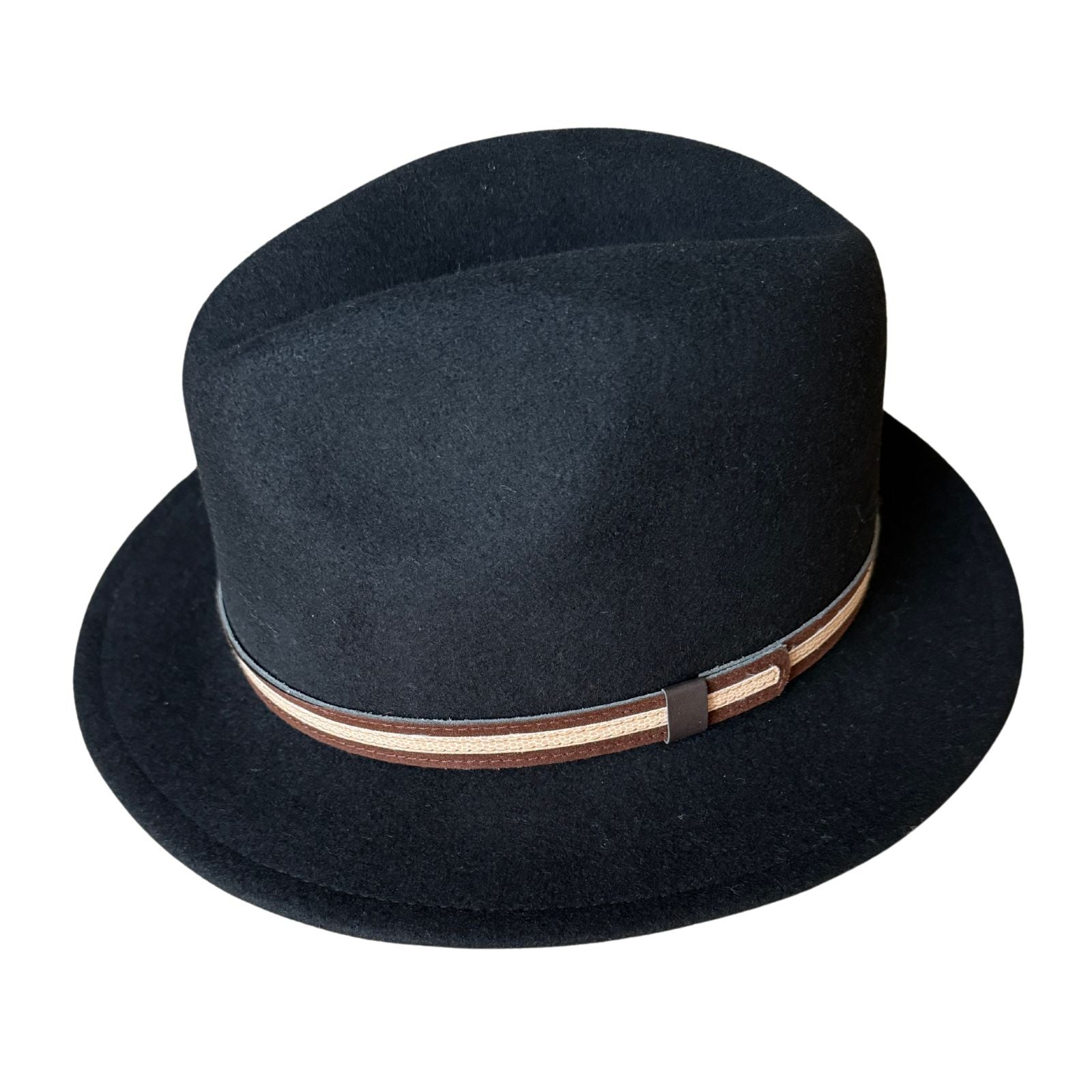 Mens 100% Wool Casual Felt Safari Hat with Two Tone Leather Look Trim in Black-1