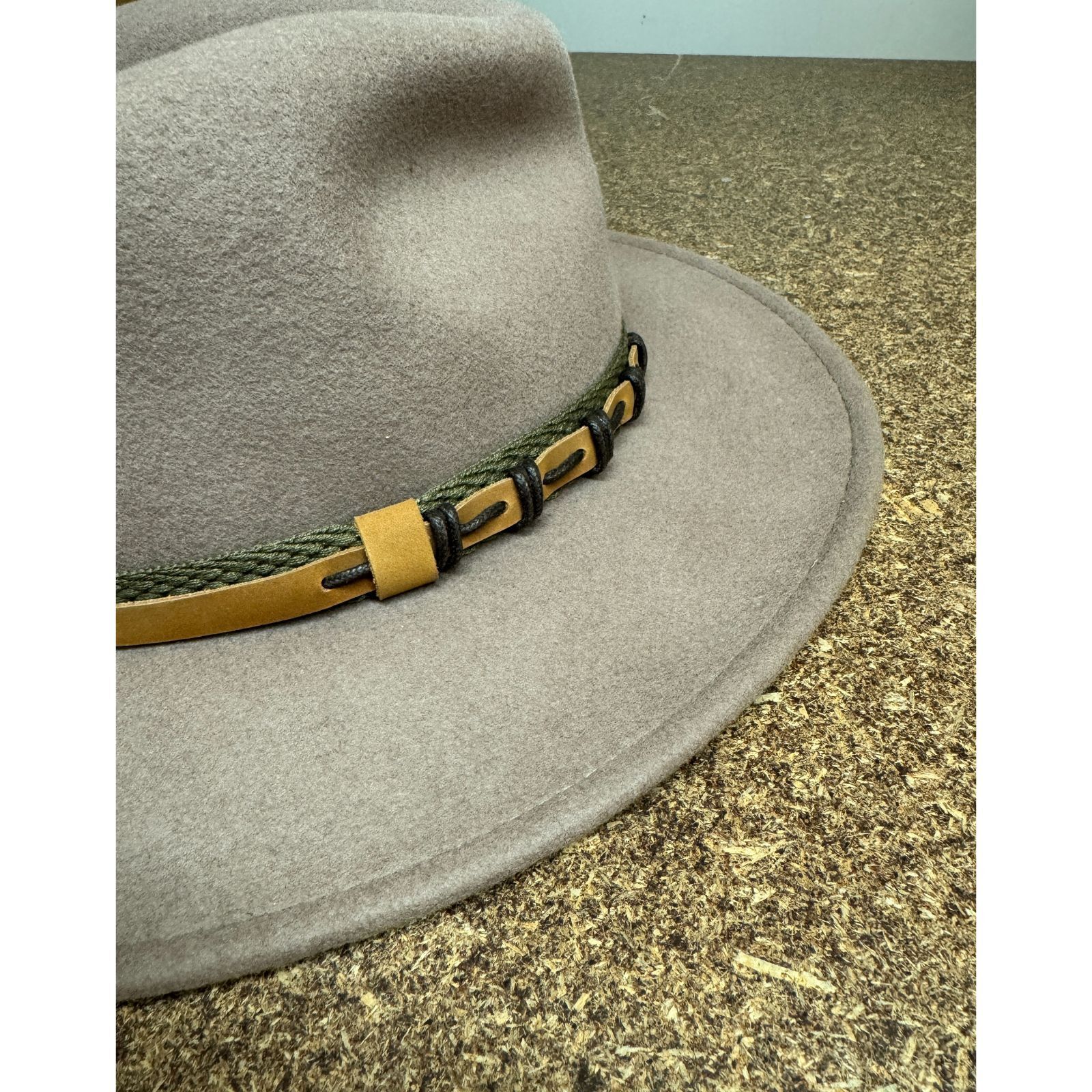 100% Wool Felt Western Cowboy Hat with Leather/Hessian Trim in Khaki-3