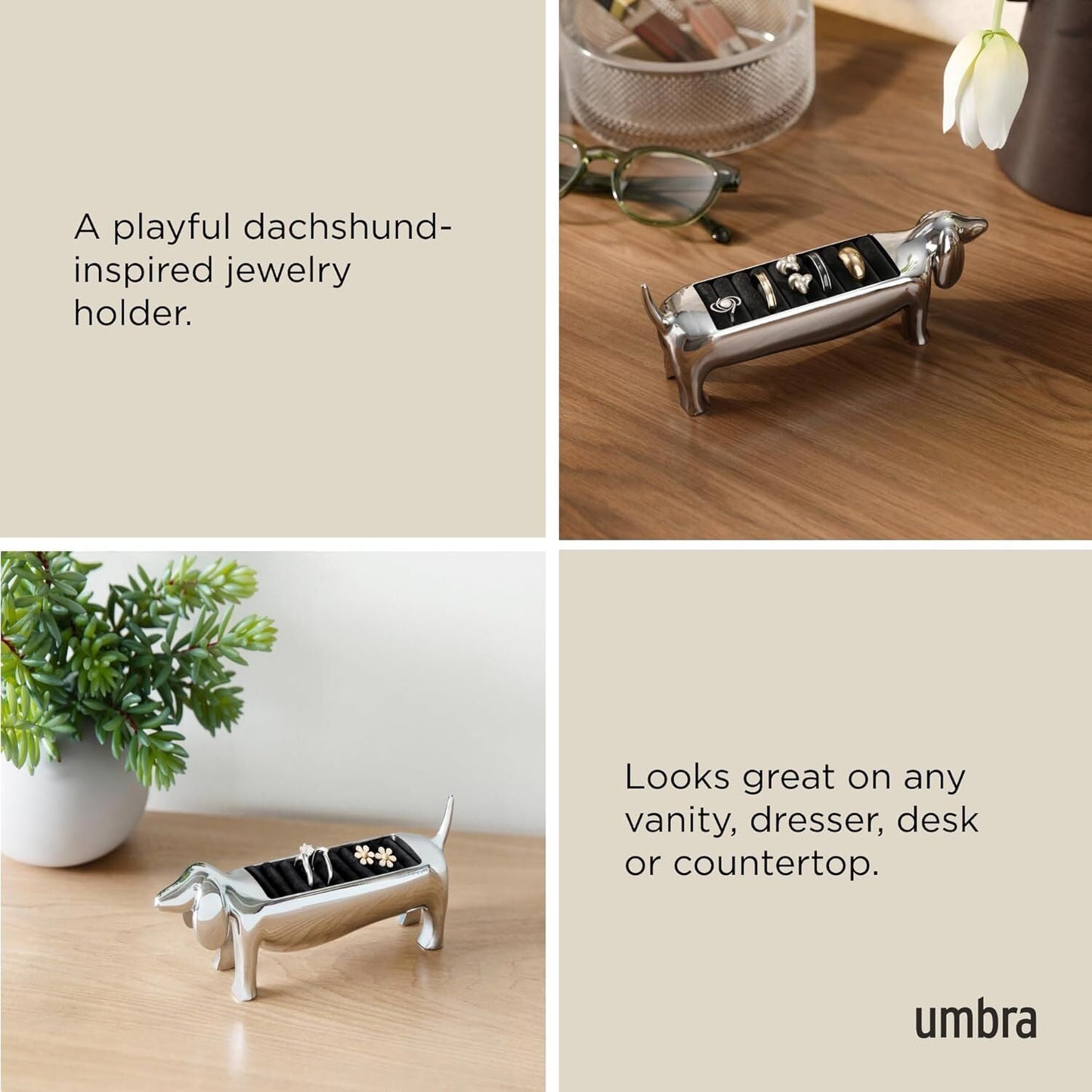 Umbra Dachsie Dog Ring Jewelry Holder Gift for Weiner Doxie Lover (14x4x6cm) in Chrome