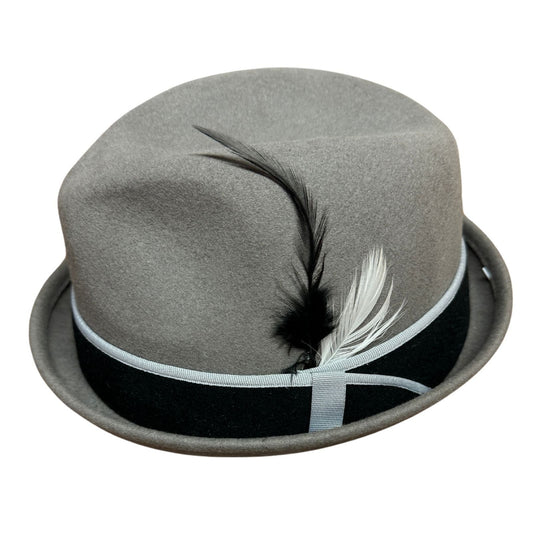 100% Wool Mens Stingy Gutter Brim Felt Hat with Petersham Trim in Grey M - Black/White Feathers-0